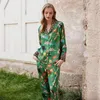 Spring and Summer Ice Silk Pajamas Womens Long-sleeved Silk Lapel Home Suit Fashionable Ins Style 240314