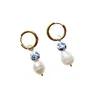 Stud Earrings Vintage Blue And White Porcelain Earring For Women Natural Freshwater Pearl Personalized Elegant High Beauty