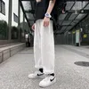 ins summer drape wide-leg new cropped pants white jeans men's loose straight Korean pants baggy jeans wide leg jeans b9Sk#