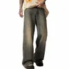 jeans Men's Clothing Spring and Autumn Solid Color W Straight Leg Pants Loose Butt Pocket Vintage Trousers A004 p2dP#