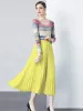 Work Dresses Spring Fall Elegant 2 Piece Set Women Casual Long Sleeve Hit Color Striped Knit Tshirt Chiffon Pleated Midi Skirt Suits D Ot9As