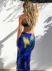 Casual Dresses Sexig backless High Split Ruffles Party Club Long Vestidos 2024 Se genom Halter Print Maxi Dress Women Summer