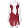 Womens 2024 Lace Edge Strap Mesh Dress with Open Navel Short dress 240320