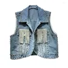 Damen Tanks Mode Diamanten Kette Quaste Kurze Jeansweste Frauen Frühling Unregelmäßiger Saum Ärmellose Cowboyjacke Lässige Weste Femme W154