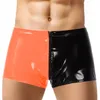 Herren-Shorts, glänzendes PVC-Leder, Patchwork-Boxer, sexy Reißverschluss, offener Schritt, hervorstehender Wet-Look, männliche Hose, Pole-Dance-Kostüm