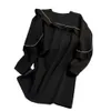 Sanitário de outono e inverno de comprimento médio com toque de alta qualidade, ajuste solto, cobrindo a barriga, mostrando um temperamento esguio, vestido casual preto de manga comprida para mulheres