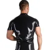 Mens WetLook PVC Leather T Shirts Topps Black Punk Tight Fitn Clothing Short Sleeve Zipper Mens Stage Topps Sexy Party Clubwear 85HV#