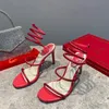 Rene Caovilla Heel Margot Crystal Light Sandálias com Padrão de Cobra Decoração Feminina Slim Fit Salto Alto Designer de Luxo Tornozelo Envoltório Sapatos de Noite Sapatos Requintados