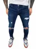 Rozproszone dołki kolan elastyczne chude dżinsy mężczyźni rozryte motocyklowe spodnie dżinsowe solidne ślubne streetwear czarne pantale hombre joggers f4hf#