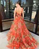 Crop Top Senior Prom Dress Print Floral 2-Piece Ruffle Tulle Winter Spring Formal Evening Cocktail Gala Party Pageant Red Carpet Runway Hoco Gown Orange Pink Tie-Back