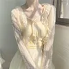 Femmes Blouses Chemises Été Abricot Dentelle Ceinture Femmes Cardigan Mode Coréenne Col En V À Manches Longues Tops Doux Mince Mince Sunsn Dro Otqh6
