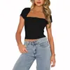 Women's T Shirts Summer Crop Tee Solid Color Lace Trim Cap Sleeve Square Neck Show Navel Tops Trendy Streetwear