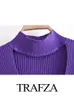 여성용 탱크 Camis Trafza 2024 New Retro Womens Ultra Thin Casual Street Wear Lacquered Womens Long Sleeved 독특한 짧은 슬리브 녹색 평범한 목 스웨터 24326