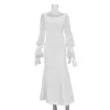 Vestidos casuales elegante malla blanca mujer vestido de noche manga larga cuello cuadrado llamarada femenina midi bata 2024 verano sólido dama