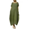 Casual Dresses Round Collar Dress Summer Maxi Oversized A-line With Pockets For Women Solid Color Short Sleeves Soft Plus Size