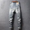 fi Designer Men Jeans High Quality Retro Light Gray Blue Elastic Slim Fit Ripped Jeans Men Patched Vintage Pants Hombre V1G1#