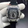 Hip Hop Men's Trend Wristwatch Case Diamond Case Watch Large Diamond Techs Gatchs Black Rubber Strap Watch Automatic mécanique W238Y