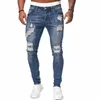 Mens strappati skinny jeans blu slim fit foro pantaloni a matita biker pantaloni casual streetwear 2020 denim di alta qualità abbigliamento uomo p9mk #