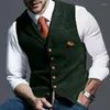 Costumes pour hommes Vert Noir Plaid Herringbone Tweed Hommes Costume Gilet Encoché Revers Gilet Casual Formel D'affaires Marié Pour Le Bal De Mariage