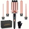 Waver 3 Barrel Iron 5 in 1 Curling with Fast Heating Up - Crimper Wand Curler for All Hair Types, Heat Protective Glove Included