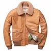 Ny Autumn Winter Mens Pilot äkta läder Orange Coat Turn-down-krage avtagbar blixtlås Tjock Real Cow Aviator Jacket 403Z#