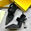 Sandals Pointed Toe High Heel Hollow Sandal Denim Embellished Kitten Heels Mules Slippers 6cm 9cm Wedding Party Shoes Summer Spring Luxury Designer Sandals With Box