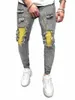 Masculino casual criativo estilo de rua alta estiramento pintura splatter rasgado design fino ajuste jeans calças jeans para primavera verão 15wD #