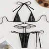 Kvinnors badkläder sexig metallisk svart halter sträng mikro mini bikinis sätter två stycken rygglös baddräkt kvinnor biquini thong baddräkter