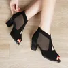 Dress Shoes Heels Women 2024 Black Lace See Through Women's Sandals Comfortable Thick Heel Fish Mouth Summer Lady Commuting Shoe