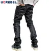 waxed Straight-leg Pants Mens Streetwear Zipper Decorati Casual Pants High Street Trousers Men D6qC#