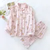 Women's pajamas spring and autumn long sleeved pure cotton gauze thin cardigan large size all cotton crepe cartoon home clothing set