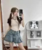 Skirts 2024 Spring Summer Denim Pleated Skirt Women High Waist Slim A-Line Mini Q614