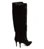 Classic Black Suede Pointed Toe Buttons Decor Thin Heels Tube Slip On Knee High Boots Women Fashion Run Way Long Botas Size 46