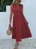 Jim Nora Casual Summer Midi Dress Women Sleeveless Tank V Neck Button Ruffle Loose Dresses Beach Soild Sundress Fashion 240320