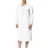 men V-Neck Linen Robe Roll Up Short Sleeve Solid Lg Night Gown Casual Loose Shirt Kaftan Thobe with Pocket v8iX#