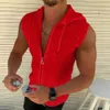 Summer Fashion Plaid Zipper Mouwloze Hooded Cardigan T-Shirt Mens Slim Sports Ademfortabele Fitness Top 240318