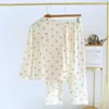 Women's pajamas spring and autumn long sleeved pure cotton gauze thin cardigan large size all cotton crepe cartoon home clothing set