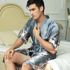 black Chinese Men Silk Ray Robe Summer Casual Wedding Best Man Sleepwear V-Neck Kimo Yukata Bath Gown Plus Size XXXL 80XL#