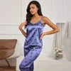 Kobiety Pajama Zestaw Sexy V Szyja bez rękawów Cami Top i długie spodnie Sleep Fear Satynowa odzież żeńska bielizna odzież domowa 240326