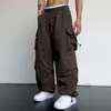 Mens Y2K Cargo Pant Cor Sólida Baggy Bolsos Táticos Calças Harajuku Streetwear Oversized Tecido Calças Soltas Harem Pants 82Yn #