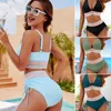 Kvinnors badkläder 2st/Set Women Sexig bikini Set Deep V-hals Bh High midja Drawstring Swim Trunks Patchwork Color Summer Bathing Suit