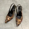 Dress Shoes 2024 Spring Brand Woman Slingback Fashion Leopard Print Ladies High Heels Elegant Pointed Toe Slip On Sandal Mules