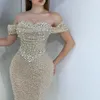 Lusso Champagne Abito da sera Prom Dubai Arabia 2024 Donne Perle In rilievo Paillettes Sirena Abiti da cerimonia di compleanno Robe De Soiree