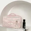 Bonito acolchoado algodão maquiagem saco mulheres zíper organizador cosmético feminino pano bolsa caixa forma portátil caso de higiene pessoal para meninas 240313