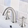 Bathroom Sink Faucets Brushed Nickel Brass Deck Mounted Dual Handles Widespread 3 Holes Basin Faucet Mixer Water Taps Mnf681