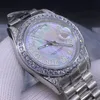 Luxury Single Ring Diamond White Pearl Men's Watch 41mm rostfritt stål Strap Automatisk datum189r