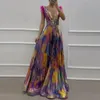 Kvinnor Sexig Deep Vneck Sleevelss Long Dress Feather Patchwork Robe Evening Causal Printed Pleated Slim Party Dresses 240321