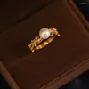 Anéis de cluster moda design vintage laço oco pérola anel feminino requintado 925 prata esterlina banhado a ouro acessórios de jóias presente