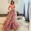 Crop Top Senior Prom Dress Print Floral 2-Piece Ruffle Tulle Winter Spring Formal Evening Cocktail Gala Party Pageant Red Carpet Runway Hoco Gown Orange Pink Tie-Back