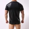 sexy Men's Faux Leather Black T-Shirt Slim Tight Tops Short Sleeve Tees Men Wet Look Latex Nightclub Catsuit PVC T Shirts Q5O9#